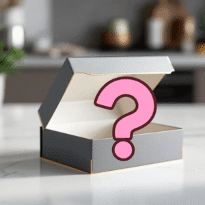 Empty cookie box with a question mark on top, suggesting curiosity about its contents.