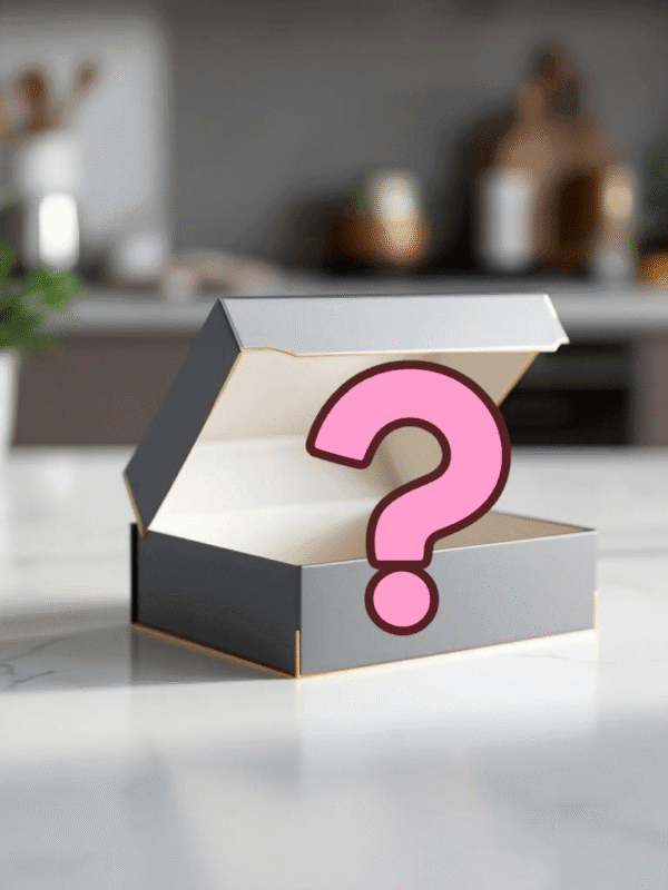 Empty cookie box with a question mark on top, suggesting curiosity about its contents.